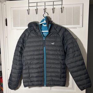 Hollister Charcoal Puffer Jacket with Teal Accents
